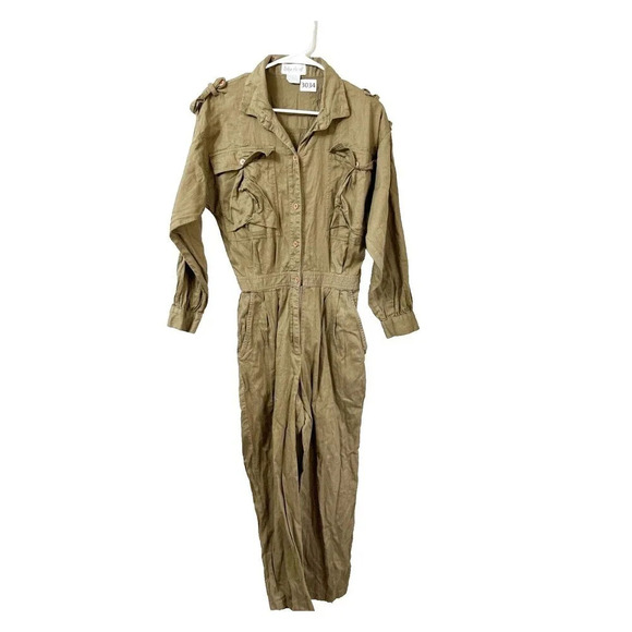 Vintage Pants - Vtg 90s Silverleaf Womens Olive Jumpsuit M Collared Pockets Buttons Long Sleeve